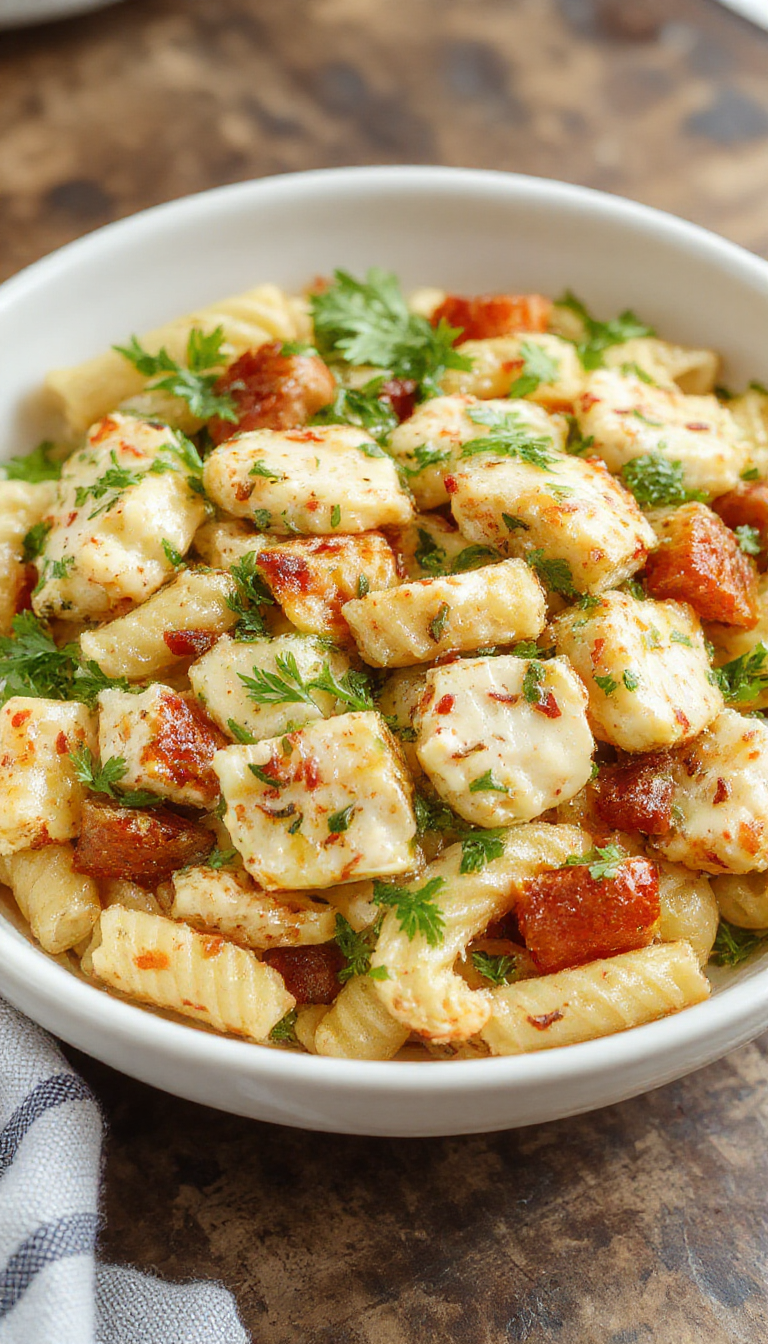 A vibrant plate of Mediterranean chicken pasta salad featuring grilled chicken, colorful vegetables, and fresh herbs garnished with olives and feta cheese.