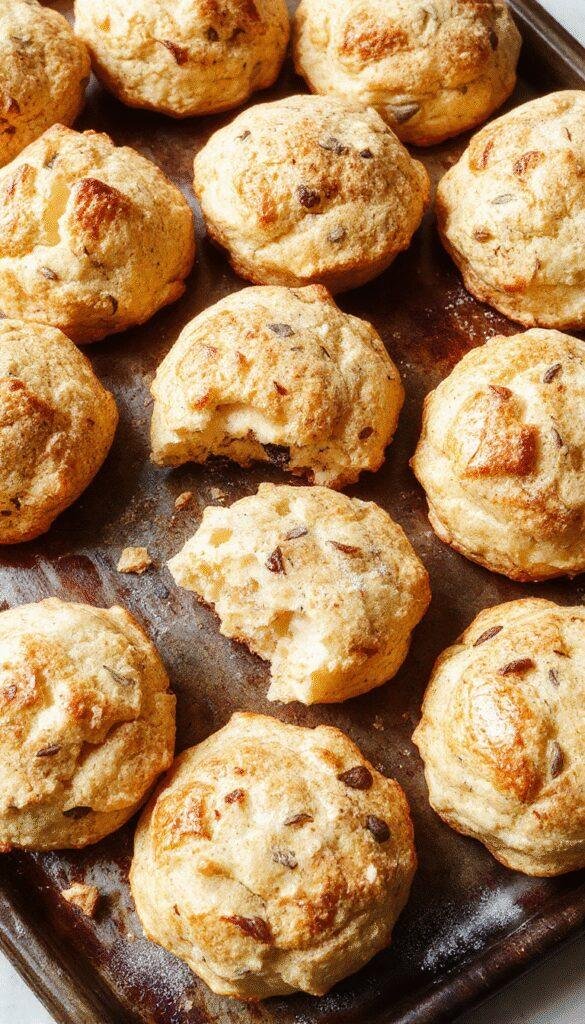 A plate of golden high-protein breakfast biscuits arranged on a rustic wooden table with fresh fruits and a glass of milk.
