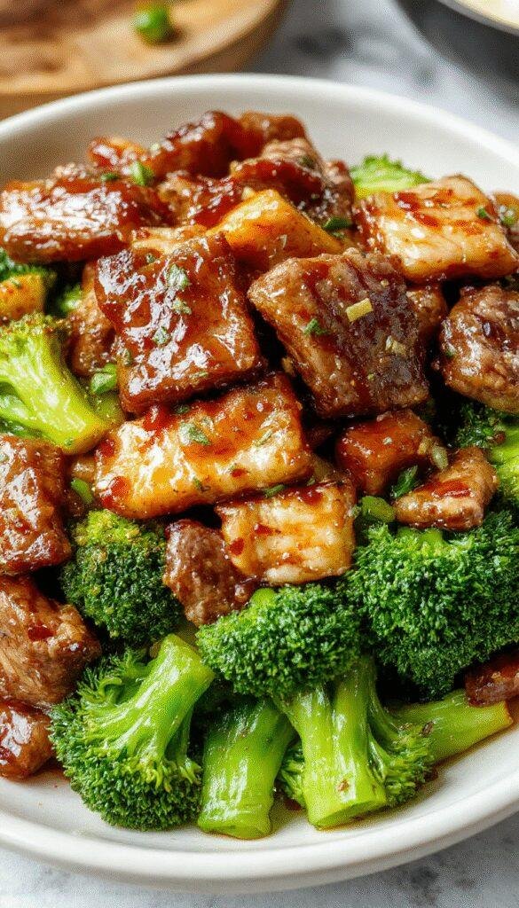 A vibrant plate of Honey Garlic Beef and Broccoli Stir-Fry featuring tender beef strips, fresh broccoli florets, and a glossy honey garlic sauce garnished with sesame seeds.
