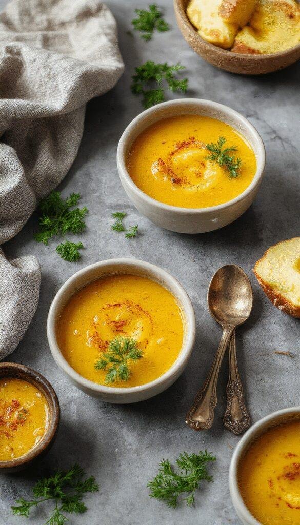 A vibrant bowl of Immune-Boosting Zesty Turmeric Lentil Soup garnished with fresh herbs and lemon slices, showcasing its rich orange color and hearty texture.