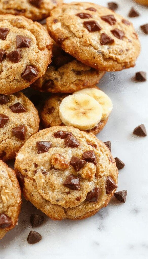 A plate of freshly baked Chocolate Chip Banana Cookies displaying golden-brown edges, loaded with melty chocolate chips and slices of ripe bananas.