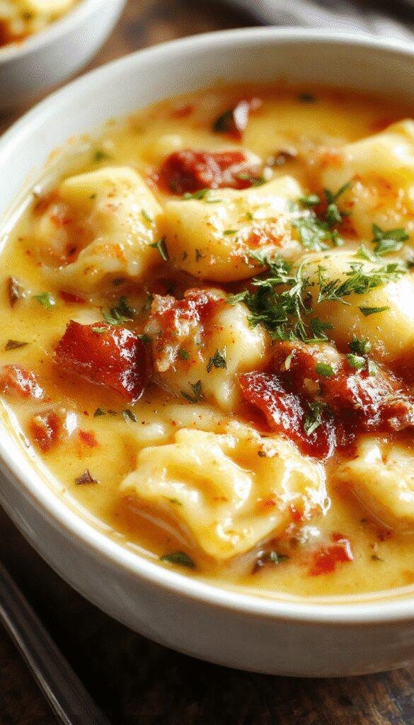 A cozy bowl of Creamy Tuscan Ravioli Soup filled with ravioli, spinach, and herbs, garnished with grated cheese and fresh basil.