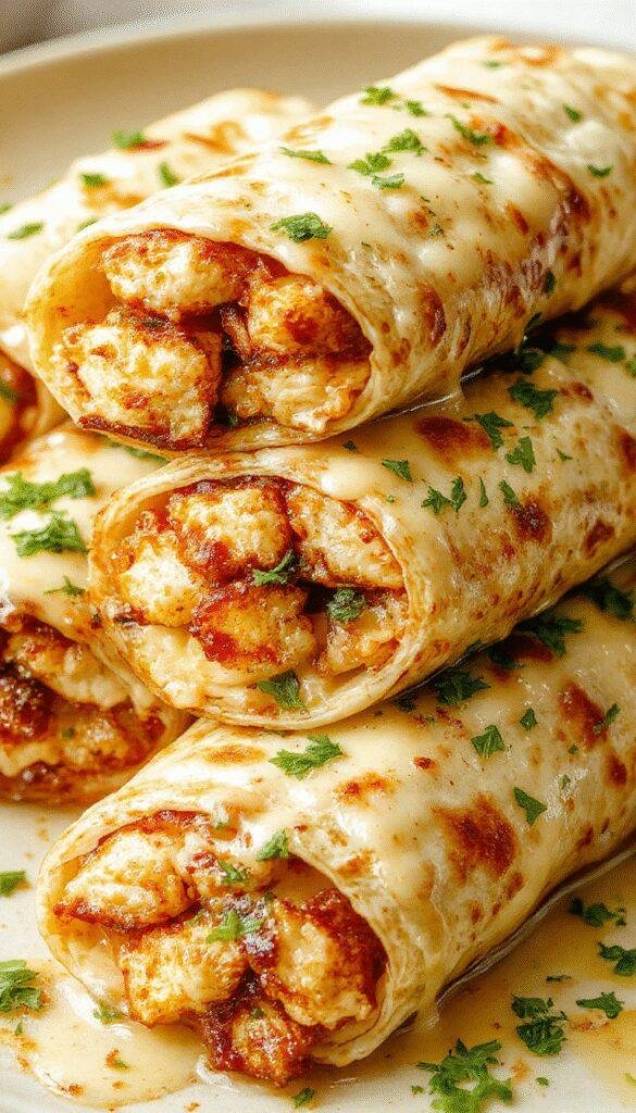 Golden brown cheesy garlic chicken wraps spilling with melted cheese, crispy edges, and fresh herbs, served on a rustic wooden plate.
