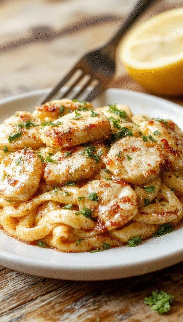 A romantic plate of Marry Me Chicken Pasta featuring creamy sauce, tender chicken pieces, and garnished with fresh herbs, served alongside cooked pasta on a rustic wooden table.
