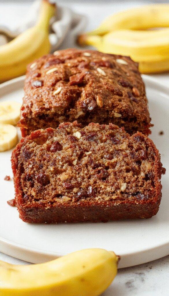 A slice of moist banana bread on a wooden cutting board with ripe bananas and nuts beside it.