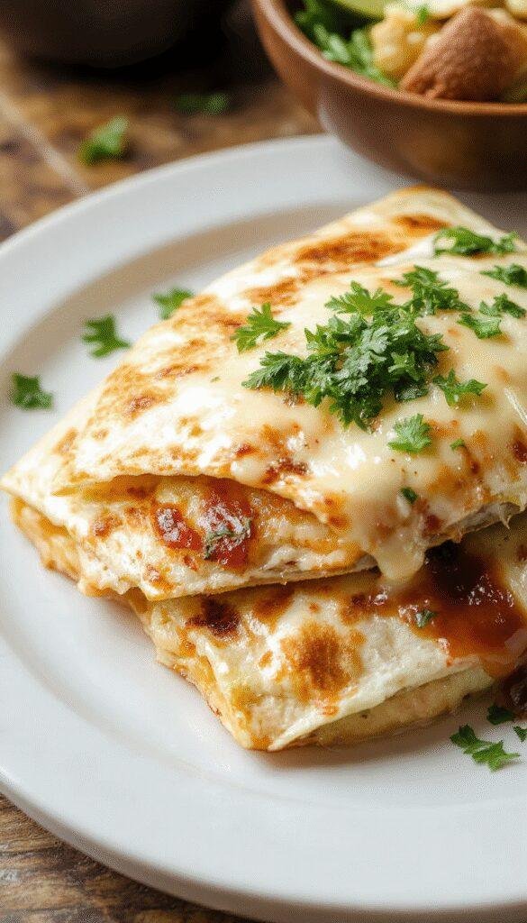 Close-up of a crispy quesadilla filled with melted cheese, tender chicken, crispy bacon, and ranch dressing, served on a wooden plate.