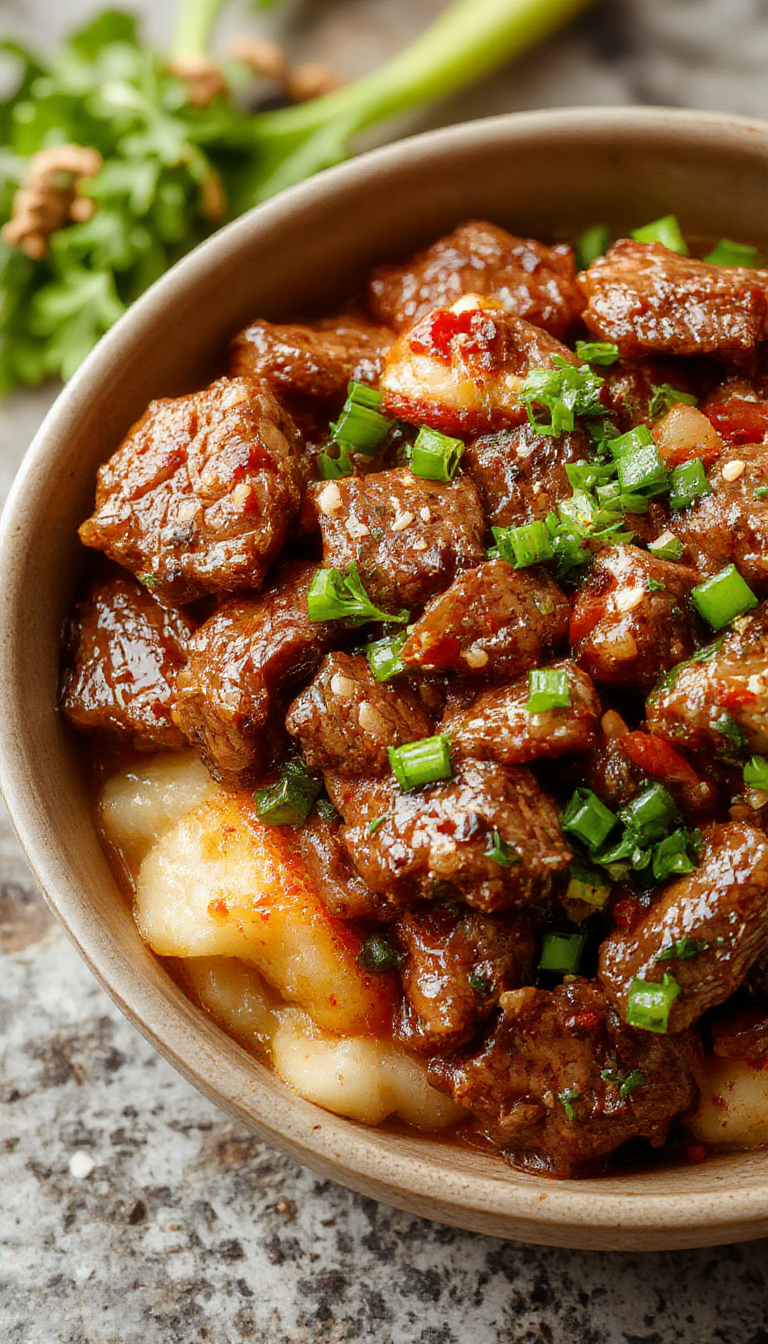 Colorful beef stir fry with vibrant vegetables served on a white plate, garnished with sesame seeds and green onions.
