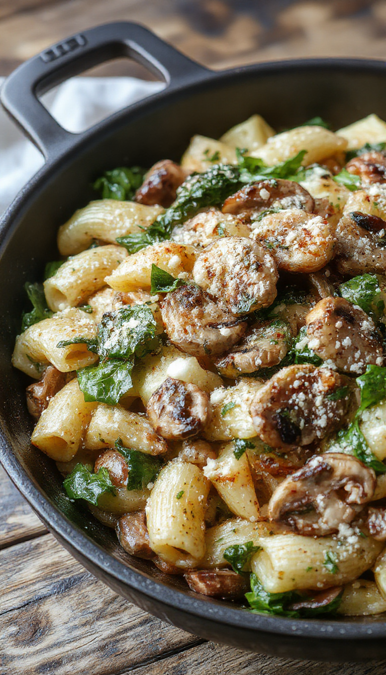 A vibrant skillet filled with creamy spinach, sautéed mushrooms, and al dente pasta topped with grated Parmesan cheese, garnished with fresh herbs.