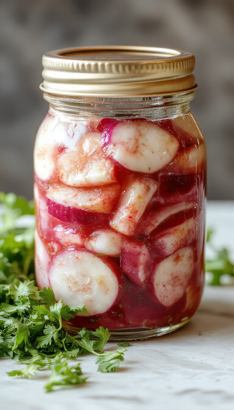 A jar of vibrant pickled red onions next to a fresh salad and tacos, showcasing their bright purple color and tangy flavor.