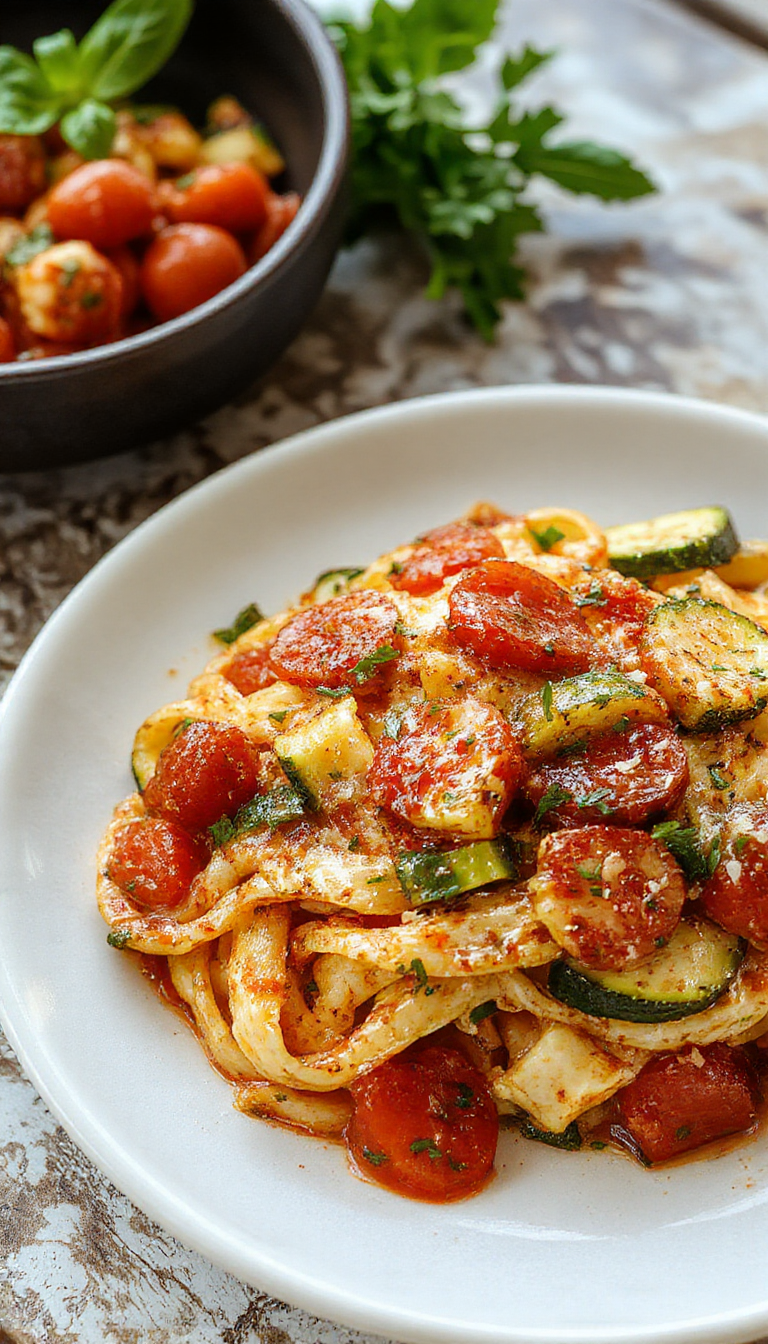 A plate of vibrant tomato and zucchini pasta garnished with fresh basil, showcasing a colorful and appetizing weeknight dinner.