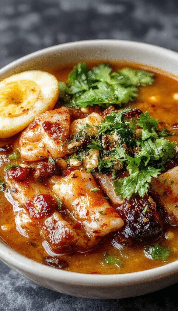 A steaming bowl of vegan saucy ramen topped with green onions, sesame seeds, and colorful vegetables, showcasing a delicious and hearty meal.