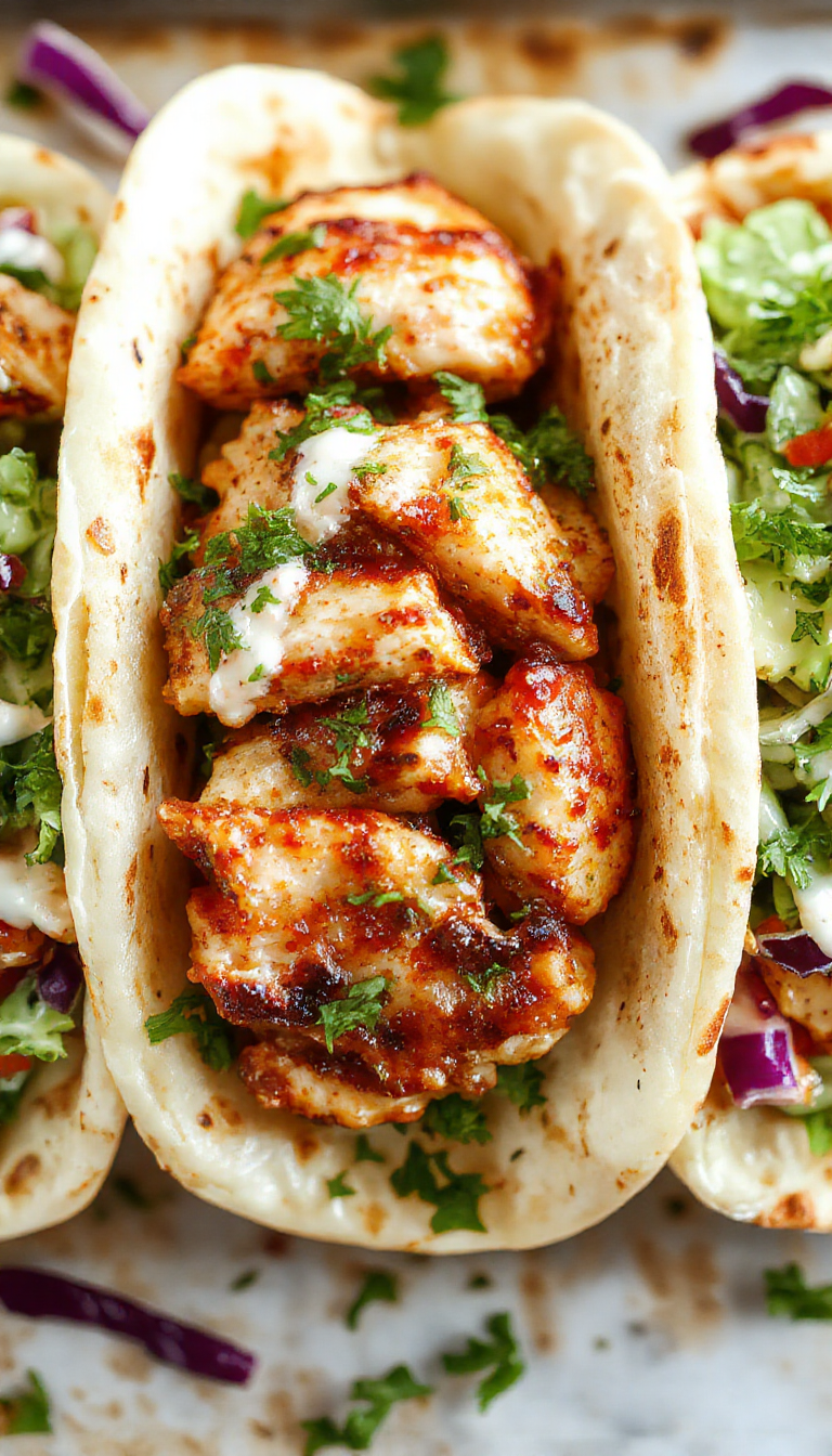 Colorful sheet pan chicken pitas filled with fresh herb ranch slaw and grilled chicken, served on a wooden table.