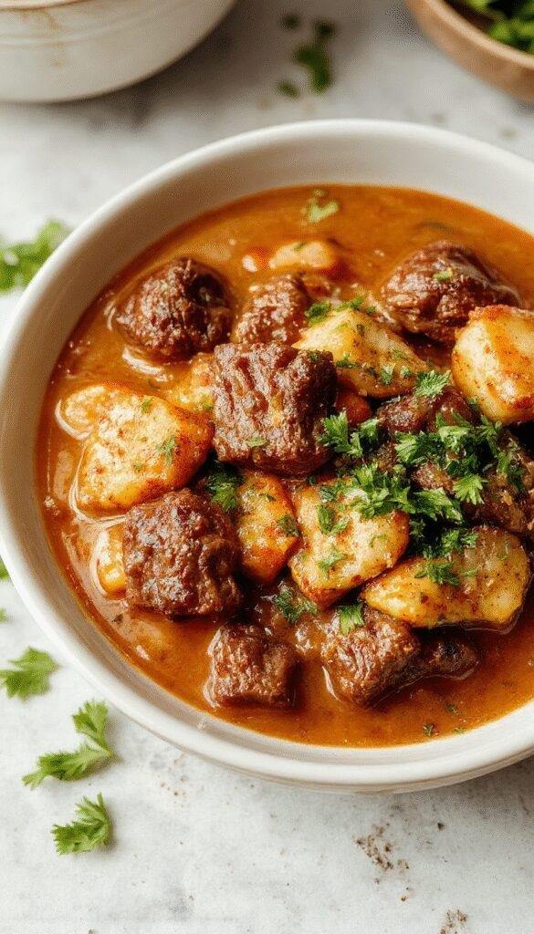 A savory slow cooker beef coconut curry with tender beef chunks, rich coconut milk, vibrant spices, served in a bowl with rice and garnished with fresh herbs.