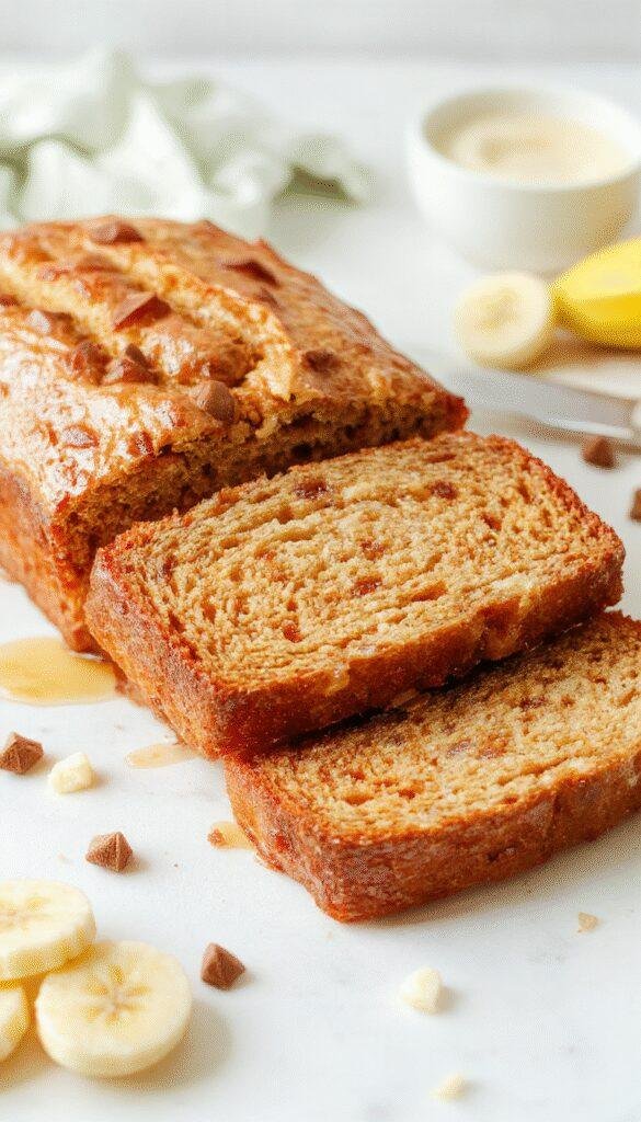A freshly baked loaf of soft and sweet honey vanilla banana bread on a rustic wooden table, garnished with banana slices and a drizzle of honey.