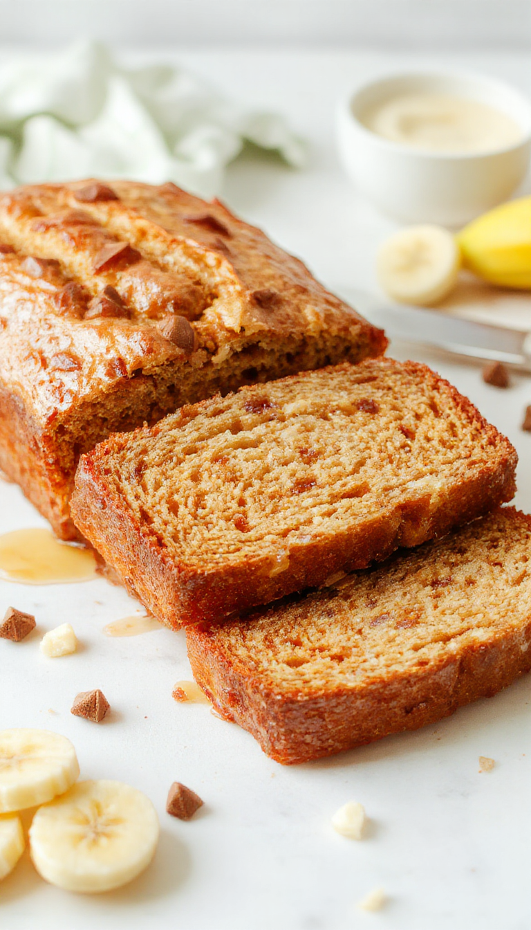 A freshly baked loaf of soft and sweet honey vanilla banana bread on a rustic wooden table, garnished with banana slices and a drizzle of honey.