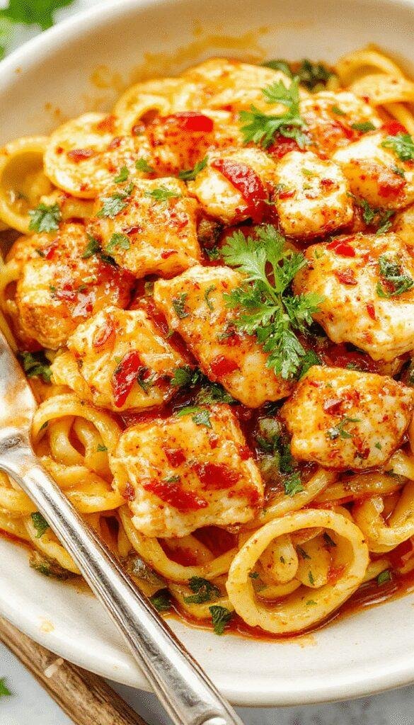 A vibrant plate of Honey Pepper Chicken Pasta topped with fresh herbs, showcasing a glossy, spicy-sweet sauce with tender chicken and pasta.