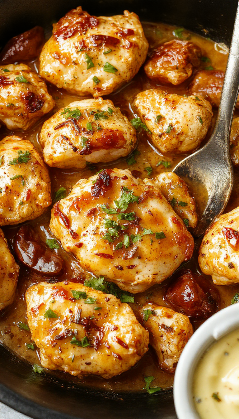 A sizzling skillet of Texas Roadhouse Butter Chicken garnished with fresh herbs, served with sides of rice and vegetables.