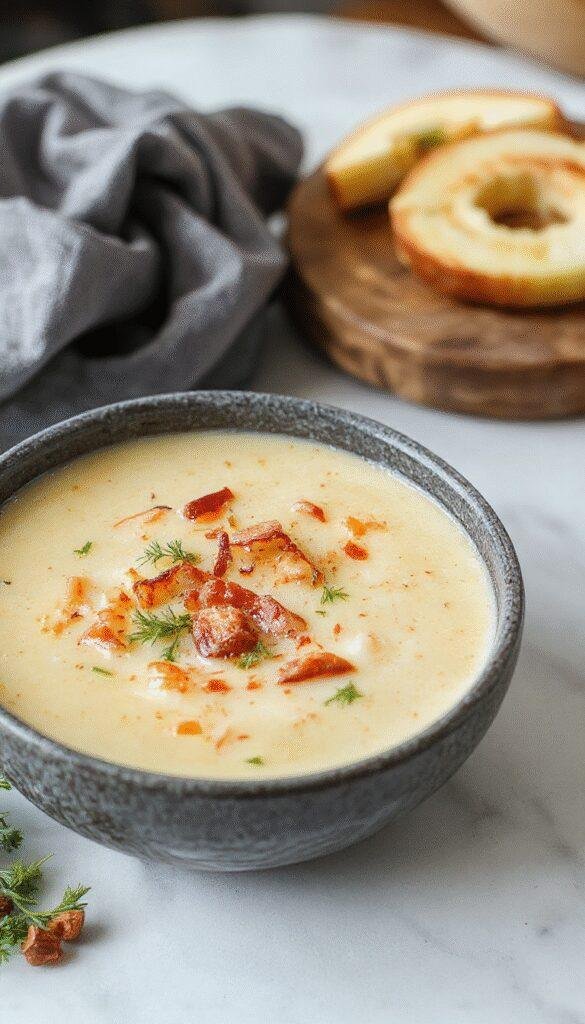 A steaming bowl of the Crowd-Pleasing Easy & Delicious Soup topped with fresh herbs and crunchy croutons, ready to serve on a cozy table.