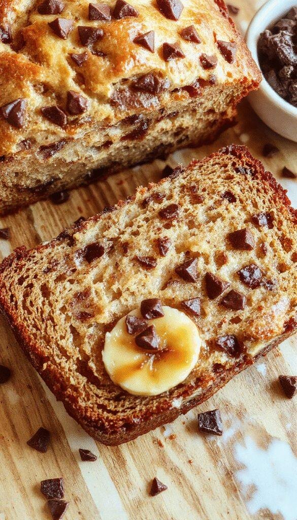 A slice of moist banana bread loaded with chunks of chocolate chips, garnished with banana slices and a drizzle of melted chocolate.
