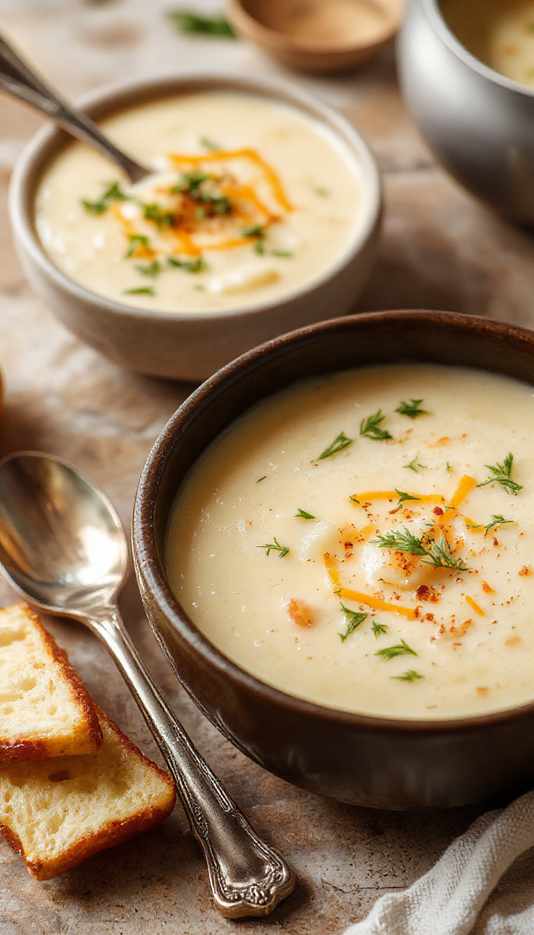 A steaming bowl of creamy cheddar garlic herb potato soup garnished with fresh herbs and melted cheese, served with crusty bread on a rustic table.