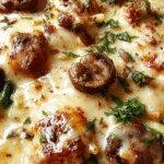 A steaming, layered lasagna with creamy mushroom and spinach filling, topped with melted cheese and fresh herbs.