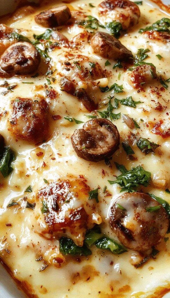 A steaming, layered lasagna with creamy mushroom and spinach filling, topped with melted cheese and fresh herbs.