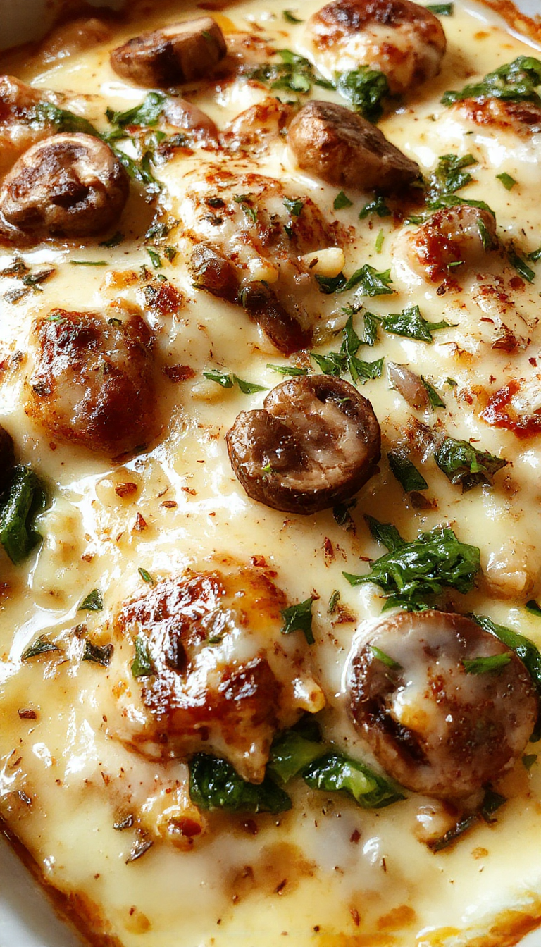 A steaming, layered lasagna with creamy mushroom and spinach filling, topped with melted cheese and fresh herbs.