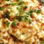 A plate of tender smothered chicken topped with creamy gravy, served over fluffy rice with fresh herbs garnishing the dish.