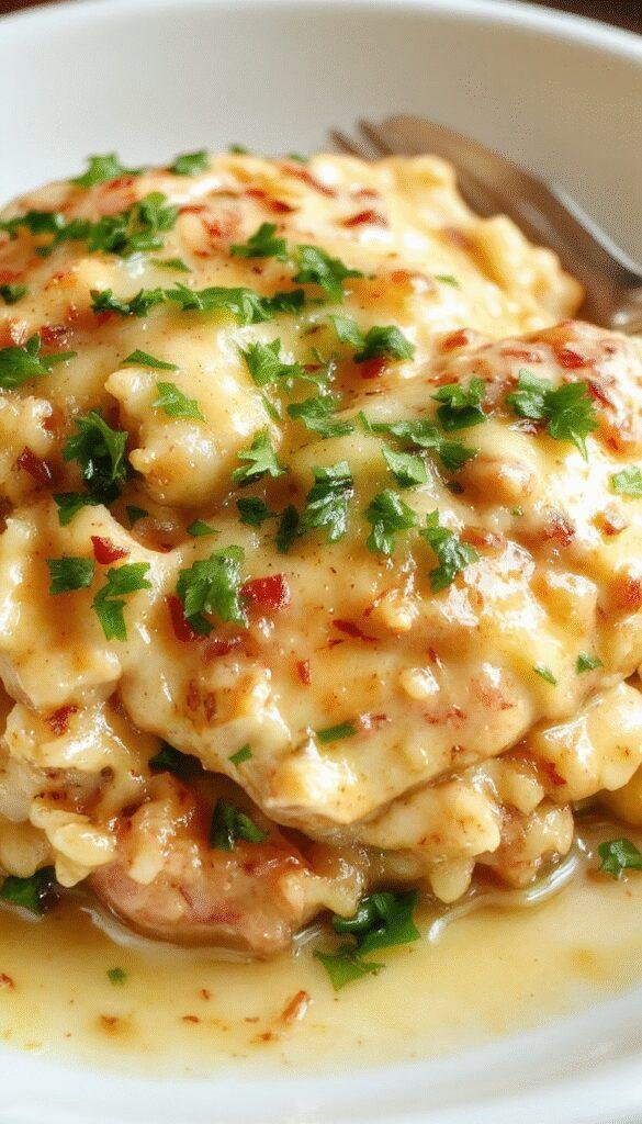 A plate of tender smothered chicken topped with creamy gravy, served over fluffy rice with fresh herbs garnishing the dish.