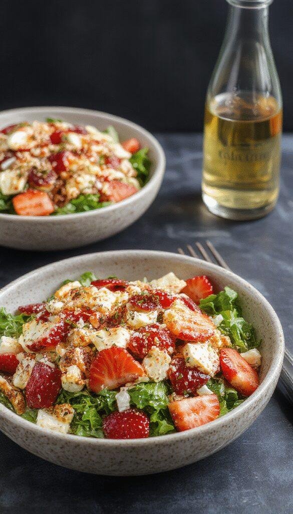 A vibrant bowl of Viral Strawberry Crunch Salad topped with crunchy nuts and fresh mint, drizzled with shimmering champagne vinaigrette during summer.