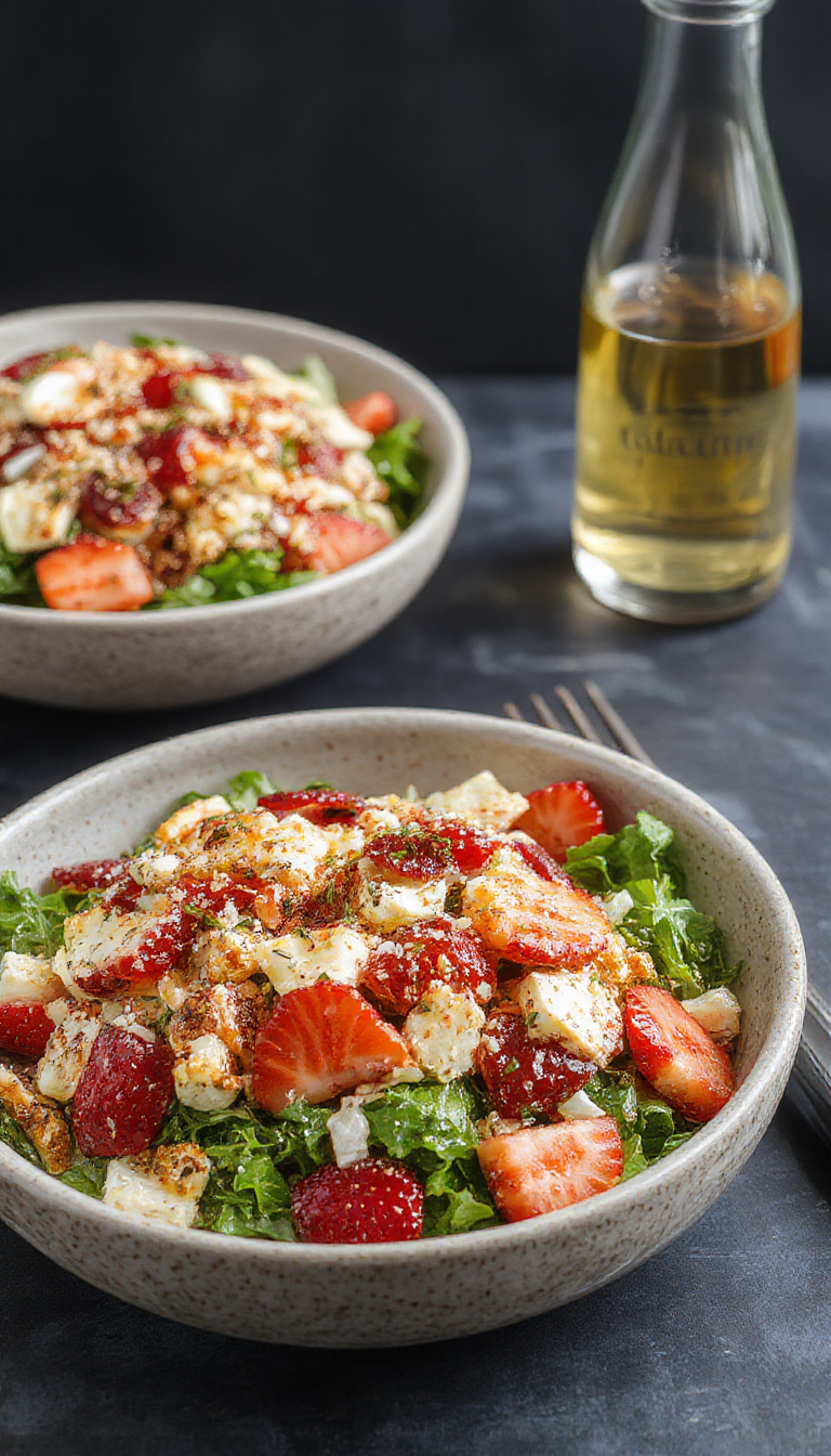 A vibrant bowl of Viral Strawberry Crunch Salad topped with crunchy nuts and fresh mint, drizzled with shimmering champagne vinaigrette during summer.