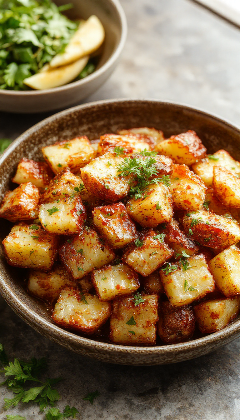 A vibrant plate of Zesty Mexican Potatoes garnished with fresh herbs, served alongside colorful Mexican ingredients on a rustic wooden table.