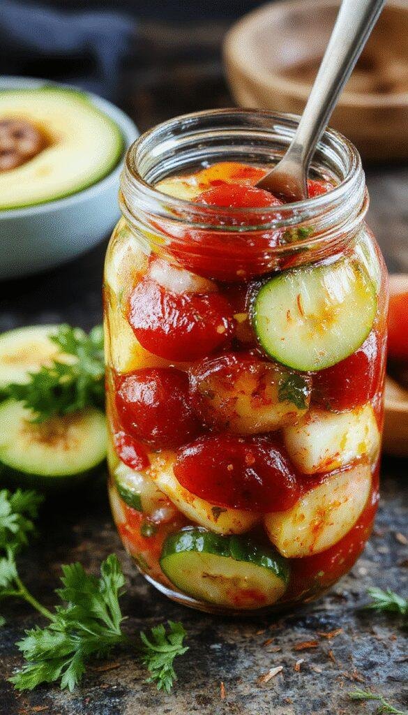A colorful jar filled with zesty pickled cherry tomatoes, onions, and cucumbers, surrounded by fresh vegetables on a rustic wooden table