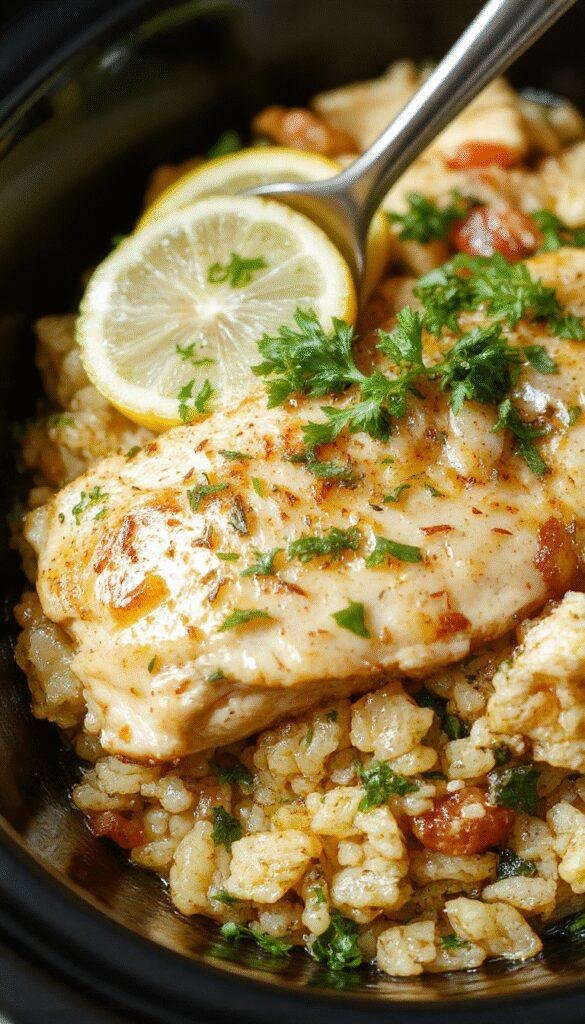A flavorful Zesty Slow Cooker Lemon Herb Chicken & Rice dish served on a plate, garnished with fresh herbs and lemon slices