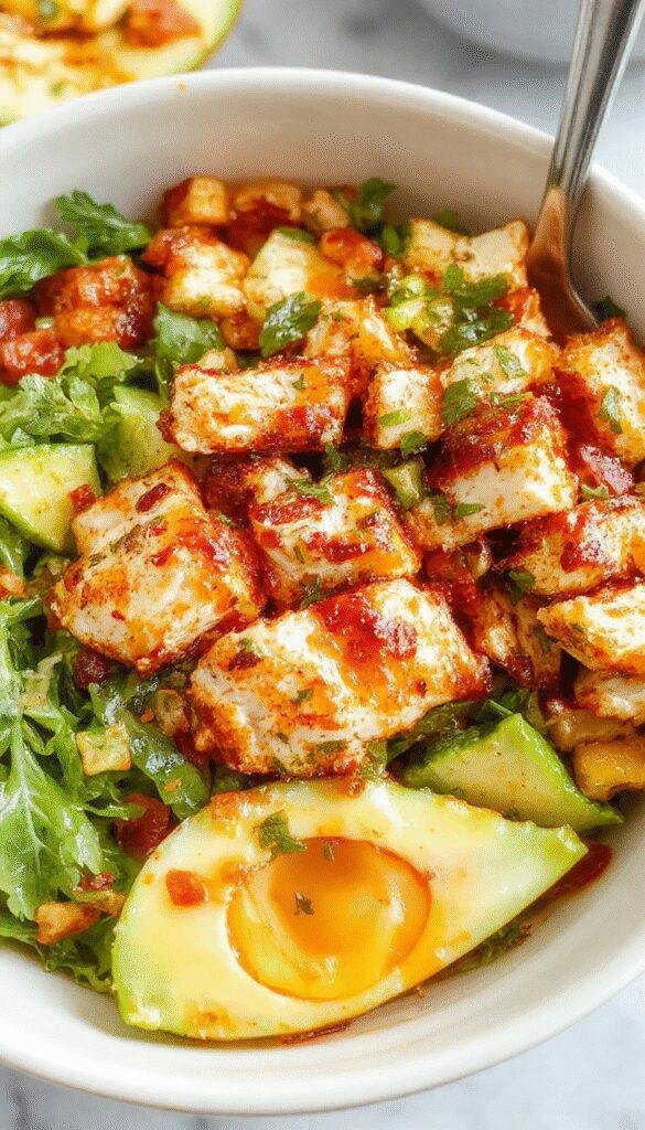 Colorful Zesty Southwest Chicken Salad Bowl with fresh vegetables, grilled chicken, and vibrant toppings served in a bowl.