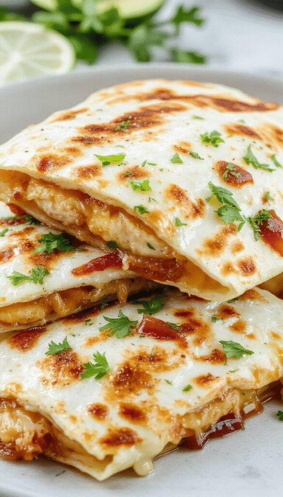 A sizzling plate of Zesty Chicken and Bacon Quesadillas cut into wedges, with melted cheese and fresh cilantro, ready to serve.