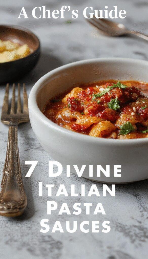 A vibrant assortment of Italian pasta dishes topped with seven different sauces, served in an elegant kitchen setting.