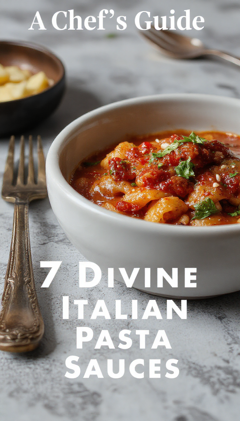 A vibrant assortment of Italian pasta dishes topped with seven different sauces, served in an elegant kitchen setting.