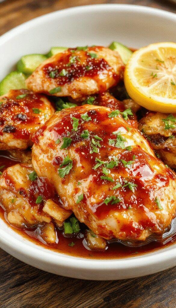 A vibrant plate of glazed chicken topped with fresh lemon slices, garnished with herbs, and surrounded by colorful vegetables, showcasing a sweet and zesty flavor combination.