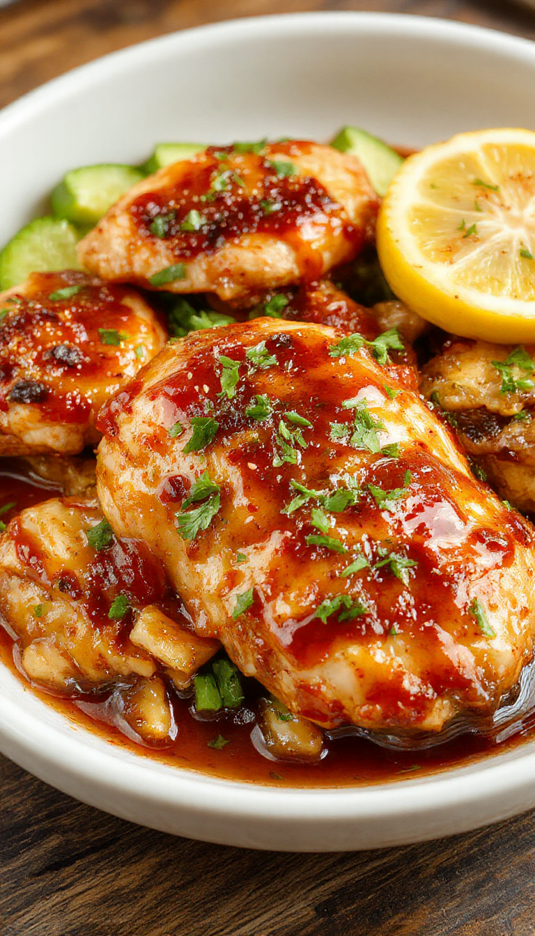 A vibrant plate of glazed chicken topped with fresh lemon slices, garnished with herbs, and surrounded by colorful vegetables, showcasing a sweet and zesty flavor combination.