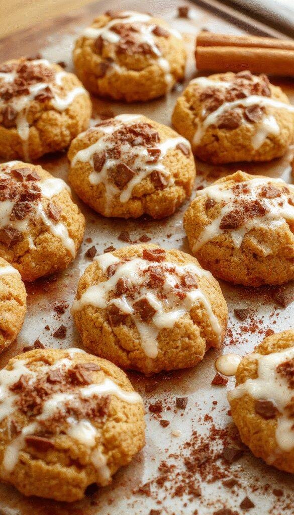 Freshly baked Autumn Spice Pumpkin Cookies topped with a glossy cinnamon glaze, surrounded by autumn leaves and spices.