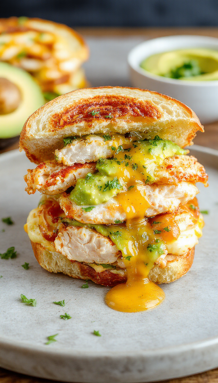 A close-up of a delicious avocado and chicken melt sandwich with melted cheese, fresh avocado slices, and crispy bread, served on a wooden plate.