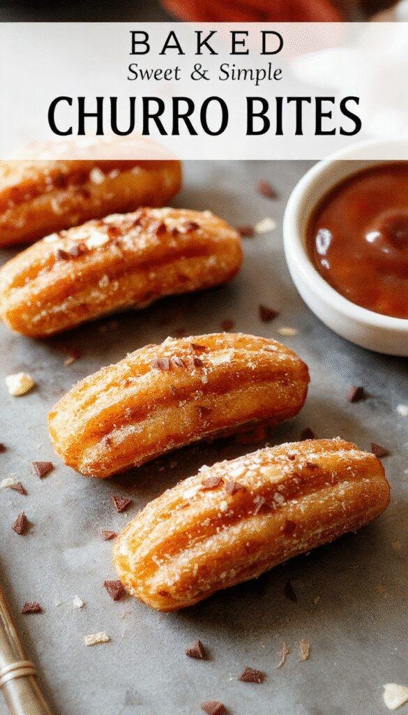 Golden baked churro bites coated in cinnamon sugar with a dipping sauce on a rustic plate.