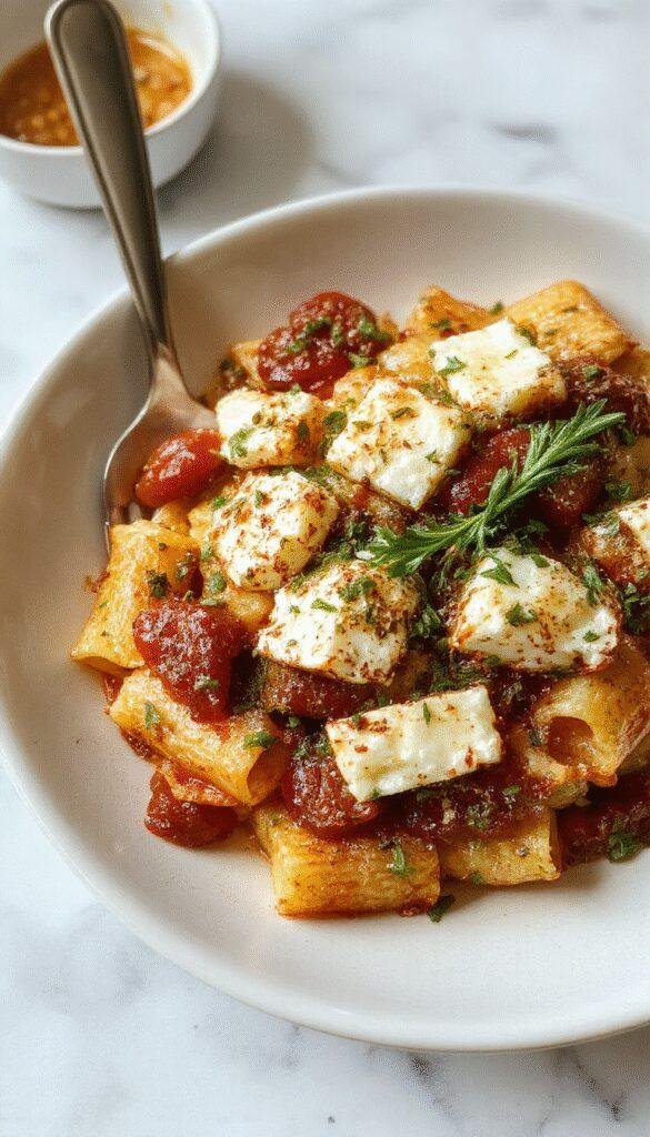 A bowl of baked feta and cherry tomatoes mixed with cooked pasta, garnished with fresh basil leaves, showcasing a creamy, colorful dish.