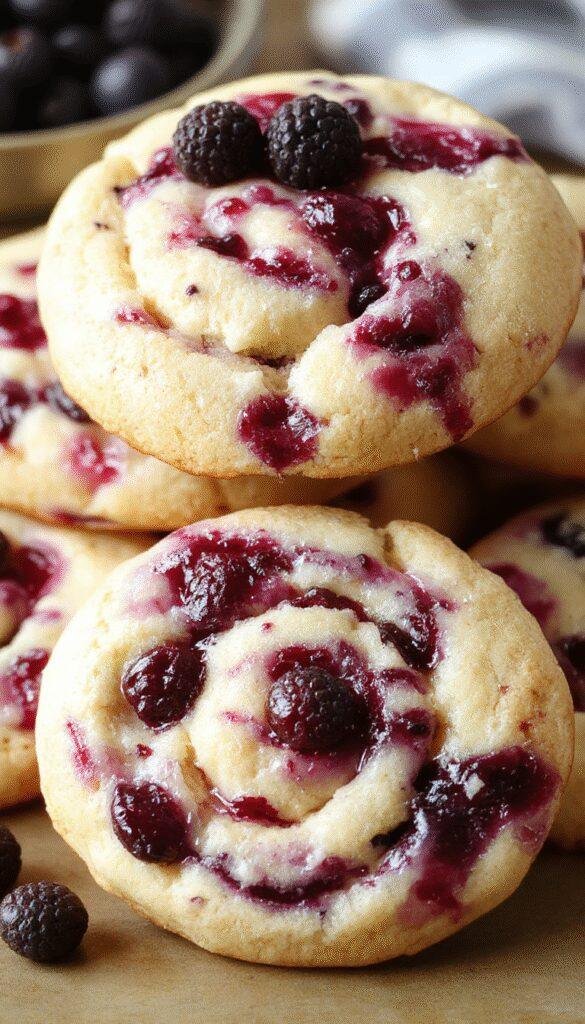 Golden-brown blueberry cheesecake swirl cookies with vibrant blueberry streaks displayed on a white plate
