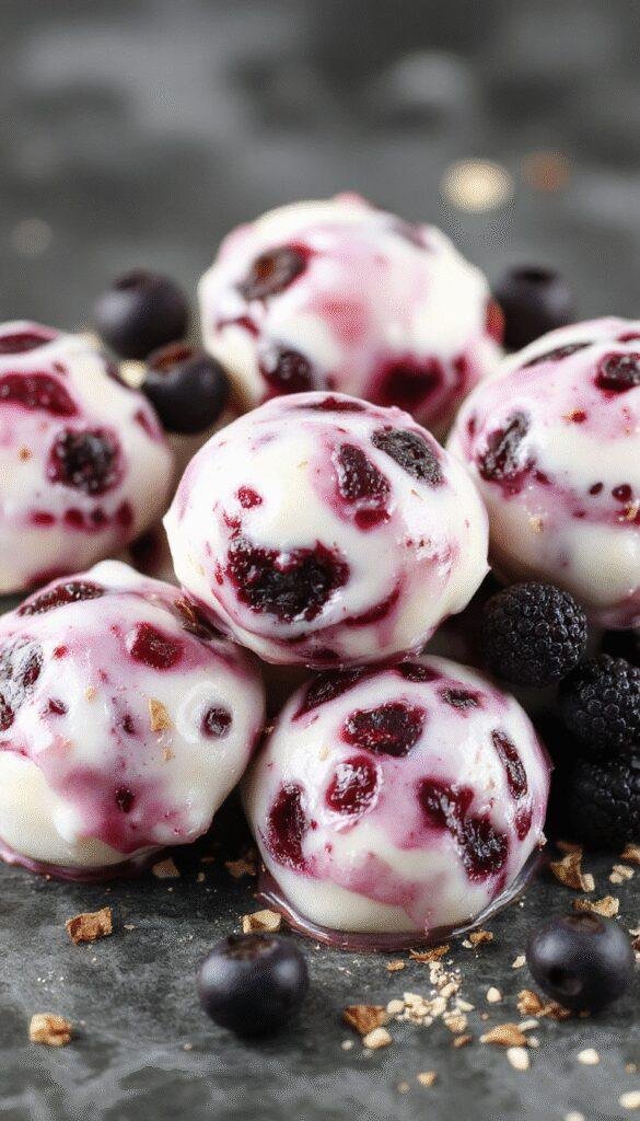 Close-up of Blueberry Cloud Yogurt Bites arranged on a white plate, showcasing their creamy swirled yogurt coating topped with fresh blueberries.