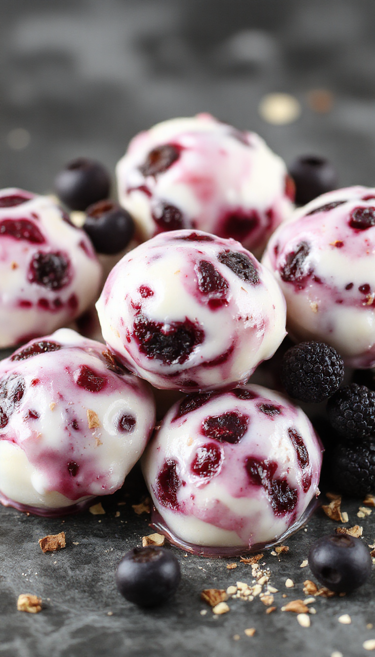 Close-up of Blueberry Cloud Yogurt Bites arranged on a white plate, showcasing their creamy swirled yogurt coating topped with fresh blueberries.