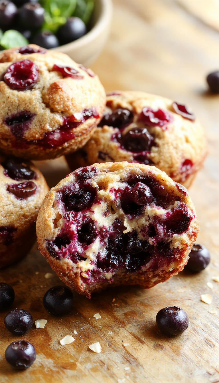 A close-up of Blueberry Yogurt Power Muffins arranged on a rustic wooden table, showcasing their golden tops dotted with fresh blueberries.