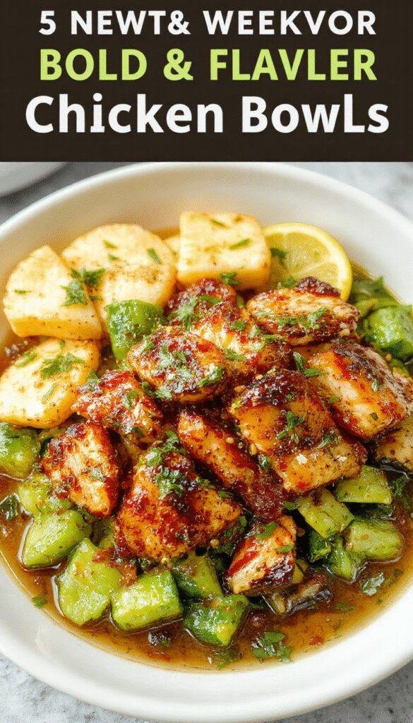 A vibrant chicken bowl topped with fresh vegetables, herbs, and a drizzle of sauce on a rustic wooden table.