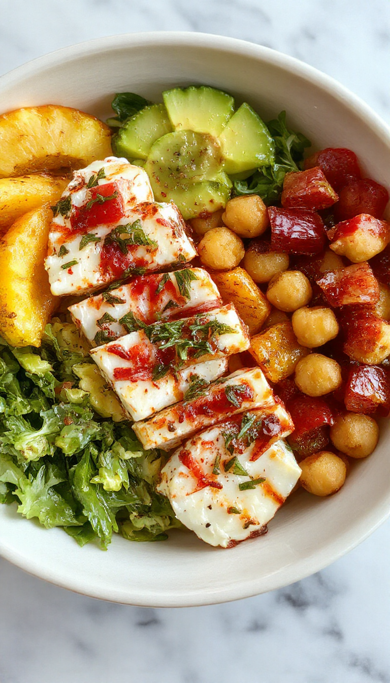Colorful Mediterranean Chickpea & Feta Bowl with fresh vegetables and herbs arranged in a vibrant, appetizing presentation